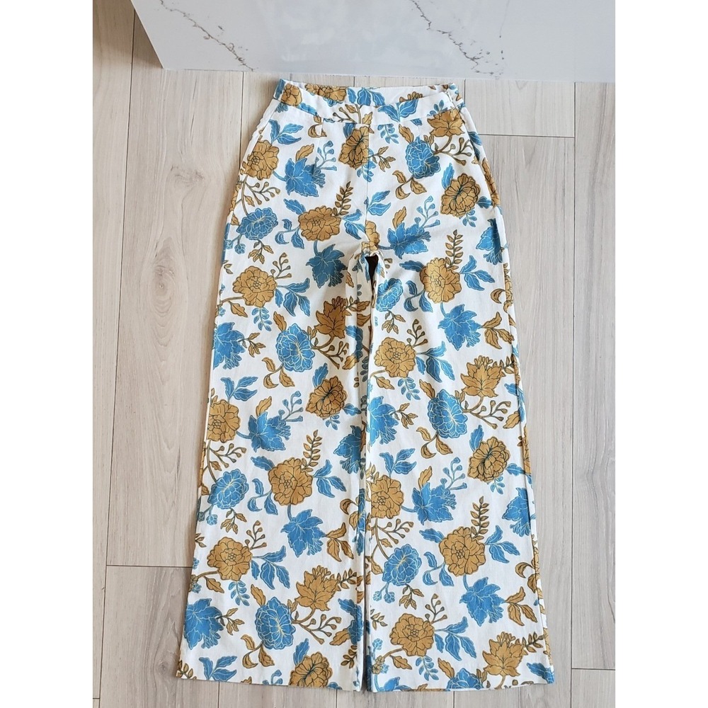 Amalie Pants Womens 4 Beige‎ Floral Linen Trousers Wide Leg